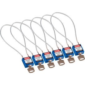 146134 Cable Safety Padlocks, Keyed Alike, 8"H Clearance Steel Cable, Blue, 6/Pack