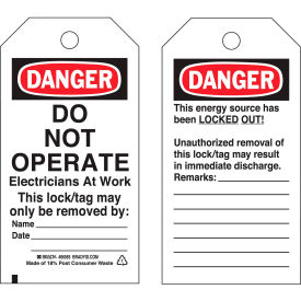 Lockout Tag- Danger Do Not Operate Electricians At Work, Vinyl, 25/Pack