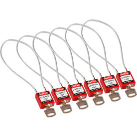 Cable Safety Padlocks, Keyed Alike, 8"H Clearance Steel Cable, Red, 6/Pack