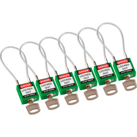 146131 Cable Safety Padlocks, Keyed Alike, 4-3/16"H Steel Cable, Green, 6/Pack