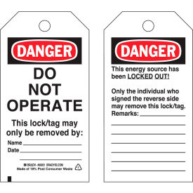 Lockout Tag- Danger Do Not Operate, 2 Sided, Polyester, 25/Pack
