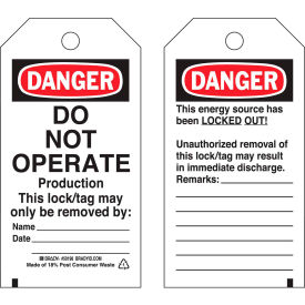 Lockout Tag- Danger Do Not Operate, 2 Sided, Polyester, 25/Pack