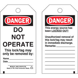 65502 Lockout Tag- Danger Do Not Operate, Self-Laminating, Heavy Duty Polyester, 25/Pack