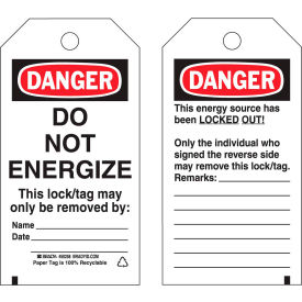 Lockout Tag- Danger Do Not Energize, 2 Sided, HD Polyester, 25/Pack