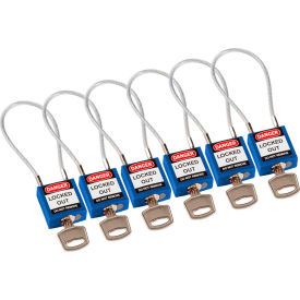 Cable Safety Padlocks, Keyed Alike, 4-3/16"H Clearance Steel Cable, Blue, 6/Pack