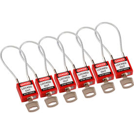146128 Cable Safety Padlocks, Keyed Alike, 4-3/16"H Clearance, Steel Cable, Red, 6/Pack