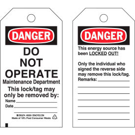 Lockout Tag- Danger Do Not Operate, 2 Sided, Cardstock, 25/Pack