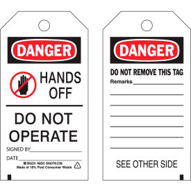 Danger Hands Off Do Not Operate tag, 2 sided, 10/Pkg, Polyester, 3"W x 5-3/4"H
