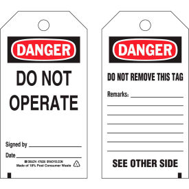 Danger Do Not Operate Tag, 2 Sided, 25/Pkg, Polyester, 3"W x 5-3/4"H