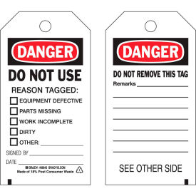 Danger Do Not Use Tag, 2 Sided, 100/Pkg, Cardstock, 3"W x 5-3/4"H