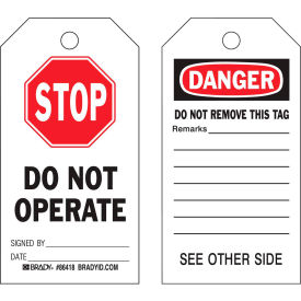 Stop Do Not Operate tag, 2 sided, 10/Pkg, Polyester, 3"W x 5-3/4"H
