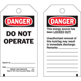 Danger Do Not Operate Tag, 2 Sided, 25/Pkg, Polyester, 3"W x 5-3/4"H