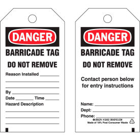 Danger Barricade Tag, 2 Sided, 25/Pkg, Polyester, 3"W x 5-3/4"H