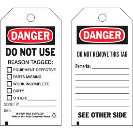 Danger Do Not Use Tag, 2 Sided, 10/Pkg, Polyester, 3"W x 5-3/4"H