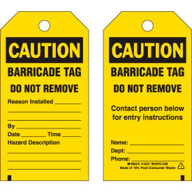 Caution Barricade Tag, 2 Sided, 25/Pkg, Polyester, 3"W x 5-3/4"H