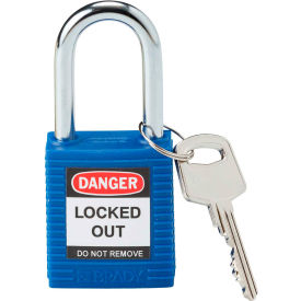Safety Lockout Padlock With Label, 1-1/2", 1 Key, Plastic Covered Steel, Blue
