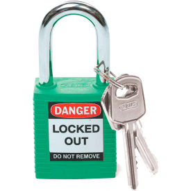 Safety Lockout Padlock With Label, 1-1/2", 1 Key, Plastic Covered Steel, Green
