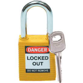 Safety Lockout Padlock With Label, 1-1/2", 1 Key, Plastic Covered Steel, Yellow