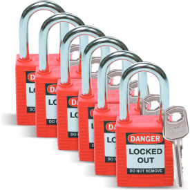 Safety Padlock With Label, Keyed Differently, Red, Plastic Covered Steel, 6/Pack