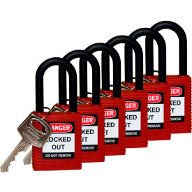 Safety Padlock With Label, Keyed Differently, Nylon Shackle, Nylon, Red, 6/Pack