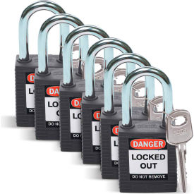 Lockout Padlock, Keyed Differently, 1-1/2", Plastic/Steel, Black, 6/Pack