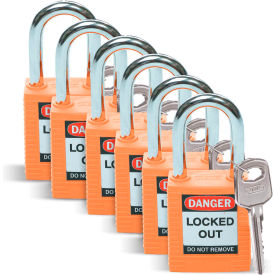 Lockout Padlock, Keyed Differently, 1-1/2", Plastic/Steel, Orange, 6/Pack