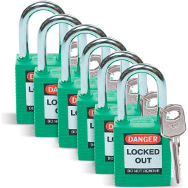 Lockout Padlock, Keyed Differently, 1-1/2", Plastic/Steel, Green, 6/Pack