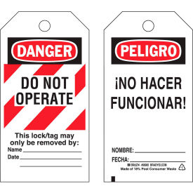 Danger Do Not Operate Tag, Bilingual English/Spanish, HD Polyester, 25/Pack