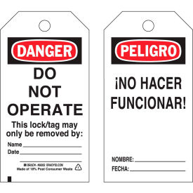 Danger Do Not Operate Tag, Bilingual Engligh/Spanish, HD Polyester, 25/Pack