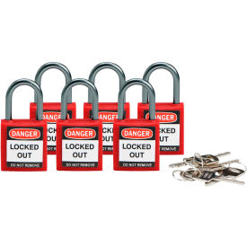 118926 Compact Safety Padlock With Label, Aluminum Shackle, Red, 6/Pack