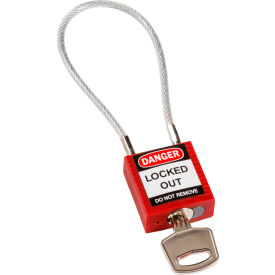 146120 Cable Safety Padlock With Label, 4-3/16"H Clearance Steel Cable, Red