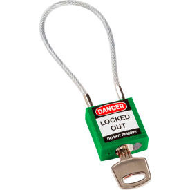 146123 Cable Safety Padlock With Label, 4-3/16"H Clearance Steel Cable, Green