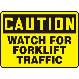 Caution Sign, Watch For Forklift Traffic, 14"W x 10"H, Adhesive Vinyl