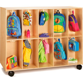 20-Section Wooden Mobile Backpack Cubbie, 60"W x 26-1/2"D x 48-1/2"H, Brown