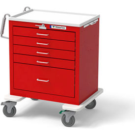 5-Drawer Steel Short Emergency Cart, Lever Lock, Red