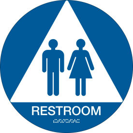 Architectural Sign, Restroom Symbol & Braille, 12" Diameter, White on Blue