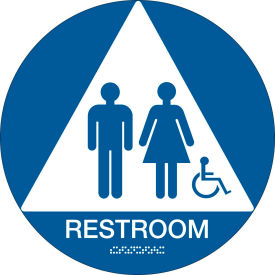 Architectural Sign, Restroom ADA Symbol & Braille, 12" Dia., White On Blue