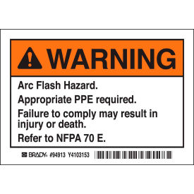 EL-1 Arc Flash Labels, Warning Arc Flash Hazard, 3-1/2" X 5", Black/Orange/White