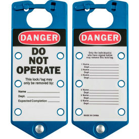 Labeled Lockout Hasp, 1-27/64" Jaw Clearance, 5/Pk, Aluminum, 3"W X 7-1/2" H, Blue