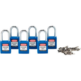 Safety Padlock With Label, Keyed Alike, Blue, Plastic Covered Steel, 6/Pack
