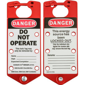 Labeled Lockout Hasp, 1-27/64" Jaw Clearance, 5/Pk, Aluminum, 3"W X 7-1/2"H, Red