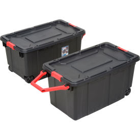 Sterilite Plastic Wheeled Industrial Tote, 40 Gal Capacity, 36-3/4"L x 21-3/8"W x 18"H, Black/Red
