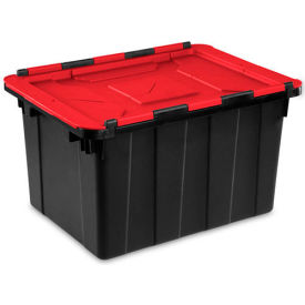 Plastic Hinged Lid Industrial Tote, 12 Gal Cap, 21-3/4"L x 15-3/8"W x 12-1/2"H, Black/Red