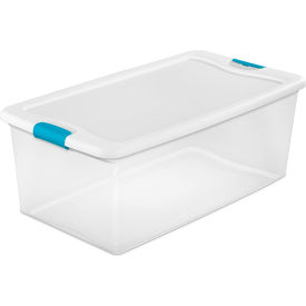 Plastic Storage Tote w/White Lid, 106 Qt. Capacity, 33-7/8"L x 18-3/4"W x 13"H, Clear