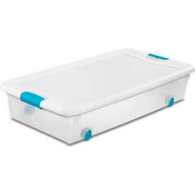 Plastic Wheeled Storage Tote with White Lid, 56 Qt Capacity, 33-7/8"L x 18-3/4"W x 7"H, Clear