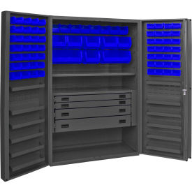 Heavy Duty Work Bin Cabinet - Deep Pocket Doors, 4 Drawers, 72 Blue Bins, 48x24x78