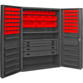 Heavy Duty Work Bin Cabinet with Deep Pocket Doors - 4 Drawers 72 Red Bins 48x24x78