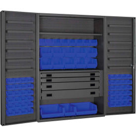Durham Heavy Duty Work Bin Cabinet Deep Pocket Doors - 4 Drawers 69 Blue Bins 48x24x78