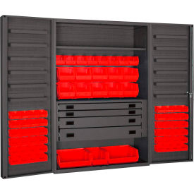 Heavy Duty Work Bin Cabinet with Deep Pocket Doors - 4 Drawers, 69 Red Bins, 48x24x78