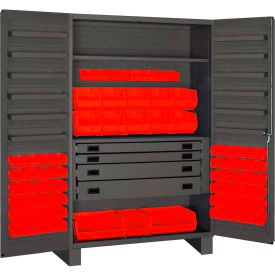 Heavy Duty Work Bin Cabinet - Flush Doors - 4 Drawers 69 Red Bins 48 x 24 x 78